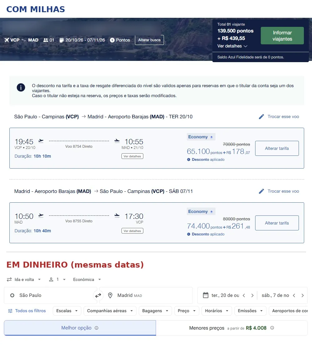 Print da emissão Campinas → Madri: pontos Azul x dinheiro